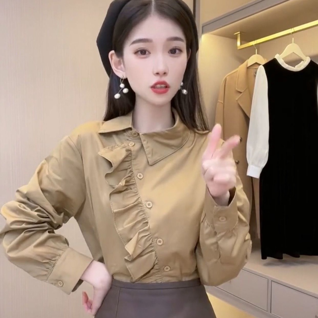 Wu Xiaotong Studio Áo Sơ Mi Mỏng Màu Trơn Cài Nút Ren Sớm Thời Trang Cổ Điển