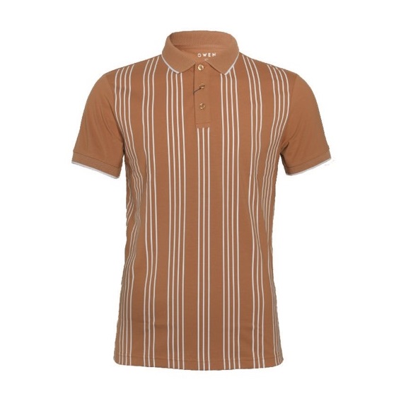 Áo Thun Nam Có Cổ Polo Ngắn Tay OWEN APV22338 Màu Nâu Vàng Sọc Trắng Chất CVC Cao Cấp Dáng Ôm Vừa