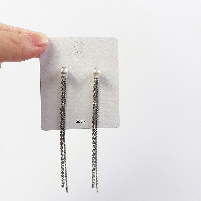 bông tai tua rua dài đính đá sang chảnh, khuyên tai đính đá phong cách hàn quốc