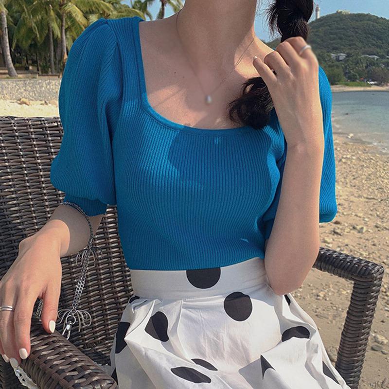 Áo thun tay ngắn cổ vuông màu sắc đơn giản thời trang cho nữ