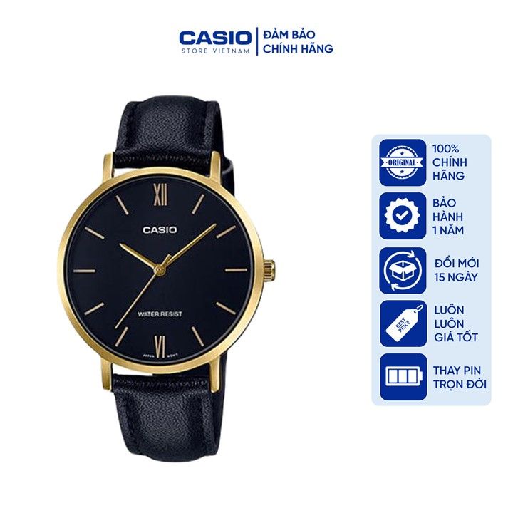 Đồng hồ Nữ Casio LTP-VT01GL-1B, đồng hồ chính hãng, dây da đen mặt đen, viền vàng