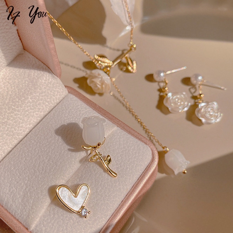 Dây chuyền/ Đôi khuyên tai AY mặt hình hoa tulip/ trái tim/ nơ màu trắng ngọc trai nhân tạo thanh lịch cho nữ