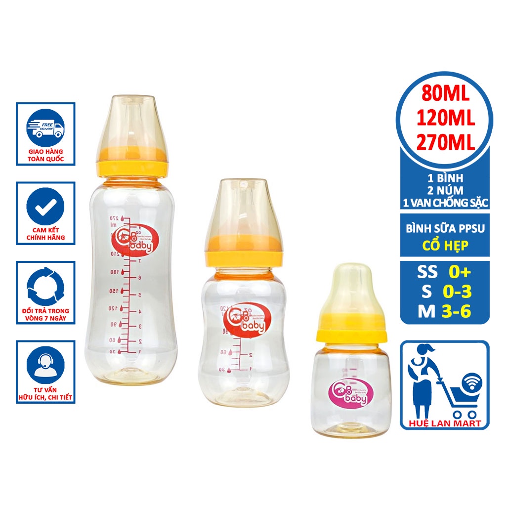 Bình sữa PPSU cổ hẹp GB-Baby dung tích 80ml,120ml, 270ml tặng núm ty và van chống sặc sữa cho bé