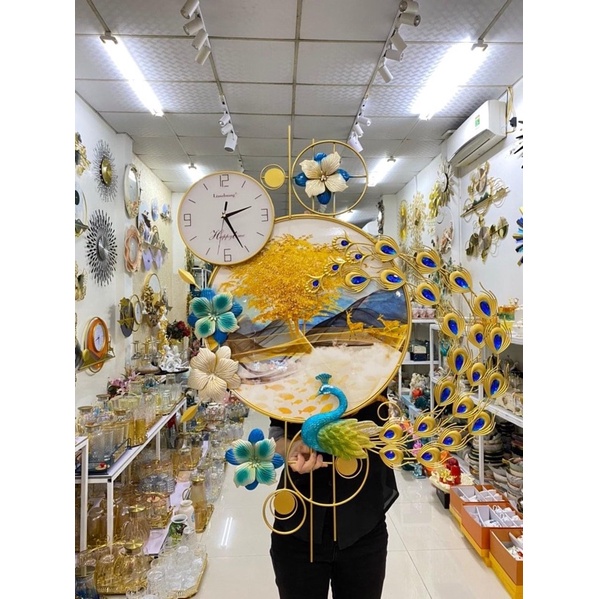 Đồng Hồ Decor Con Công Kết Hợp Tranh Kính Phù Điêu Treo Tường Trang Trí Phòng Khách Cao Cấp KD2926-1