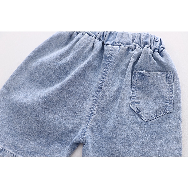 Bộ Áo Thun Ngắn Tay Cổ Tròn Kẻ Sọc + Quần Short Denim In Hình Cá Mập Ba Chiều Thời Trang Mùa Hè Dành Cho Trẻ Size 80-120cm