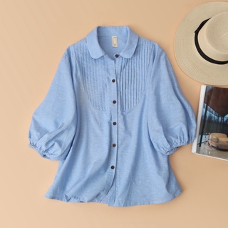 Áo sơ mi linen bamboo KACHISA xếp li màu xanh