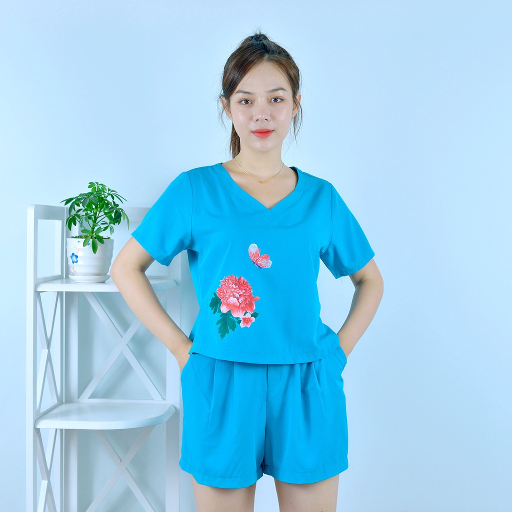 Bộ đồ nữ MÀU XANH ĐẬM IN HOA CỰC XINH  - vải lụa cao cấp - Lịch sự - Quý phái