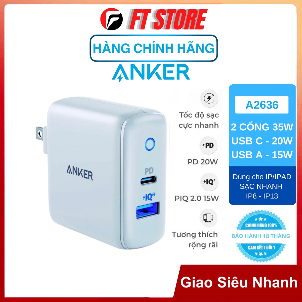 [GIAO HÀNG NHANH] Củ sạc Anker PowerPort PD+2 35w (USB C PD, PowerIQ2.0)  A2636