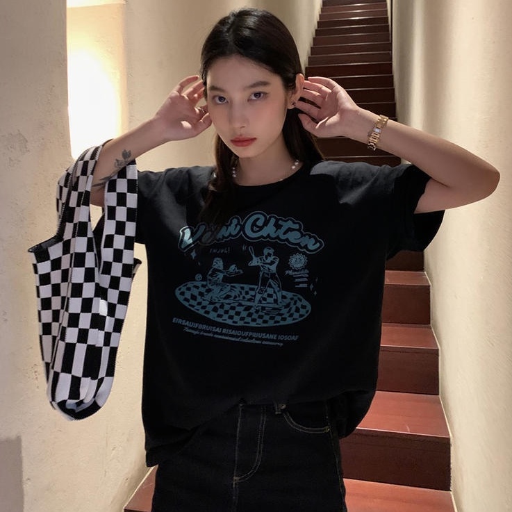 Áo Thun Tay Ngắn Cổ Tròn In Chữ Dáng Rộng 50089