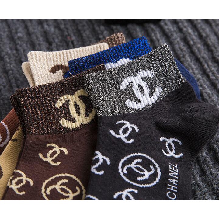 Set 5 đôi vớ ngắn bằng Cotton họa tiết Chanel hàng mới cho nữ