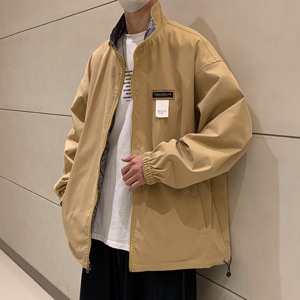 Áo khoác cổ đứng dáng rộng in họa tiết mặc được hai mặt phong cách đại học kiểu Hàn hợp thời trang dành cho nam