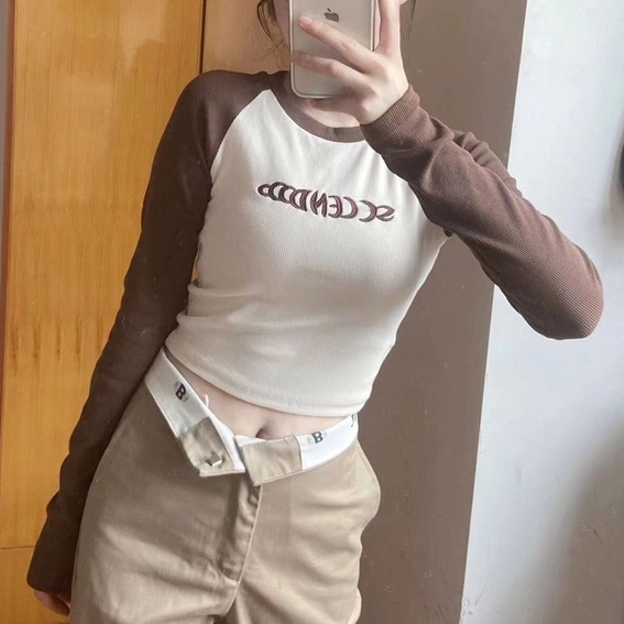 Áo thun ZHELIHANGFEI tay dài cổ tròn lưng cao gợi cảm cho nữ