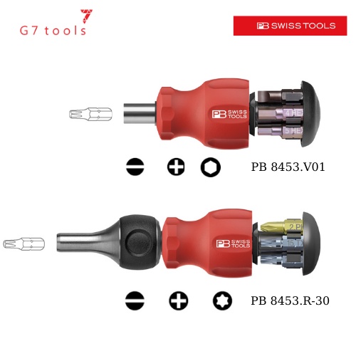 Tô vít Lùn Stubby PB Swiss Tools mã số PB 8453.R-30 đảo chiều và PB 8453.V01 có 6 đầu bits thông dụng