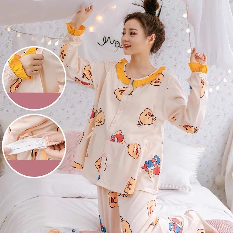 Bộ bầu - sau sinh mặc nhà - cho con bú - 2 chức năng - chất liệu cotton ( Qủa dâu chấm sọc - Dài )