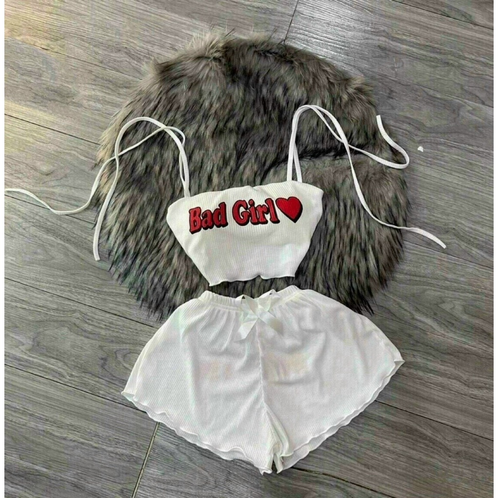 Set bộ nữ áo hai dây cột nơ in chữ (có mút) - quần đùi