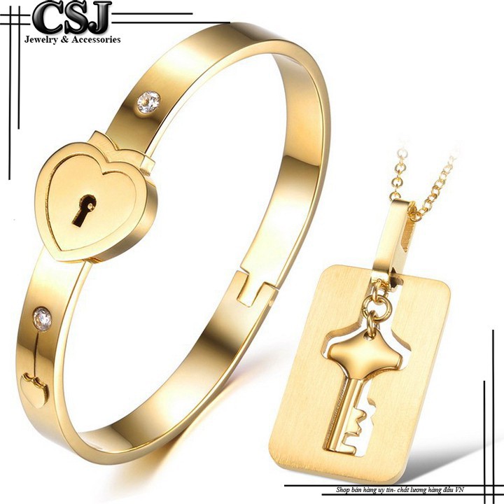 Bộ vòng tay dây chuyền titan ổ khóa chìa khóa cp016 Pitaca