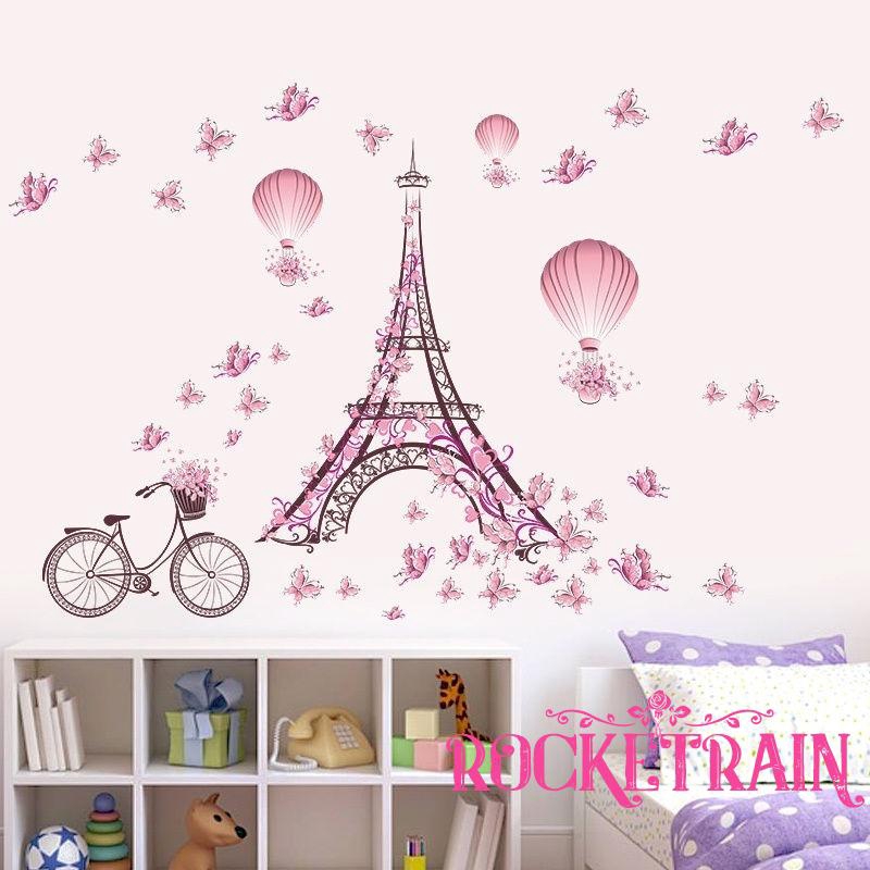 Miếng dán tường vinyl hình tháp Eiffel màu hồng