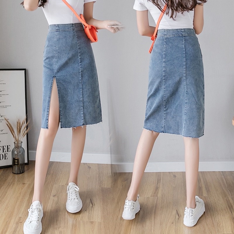 Chân Váy Jean Xẻ Tà Lưng Cao Phong Cách Hợp Thời Trang. Chân Váy Bò Midi Cạp Cao Xẻ Cá Tính_V1