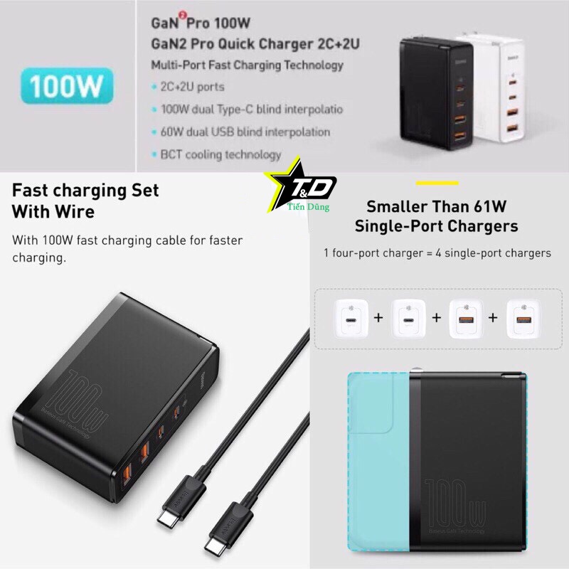 Củ sạc nhanh 100w baseus GaN2 pro PPS , PD 3.0 + QC 4 sạc nhanh điện thoại, laptop thiết kế nhỏ gọn chính hãng.