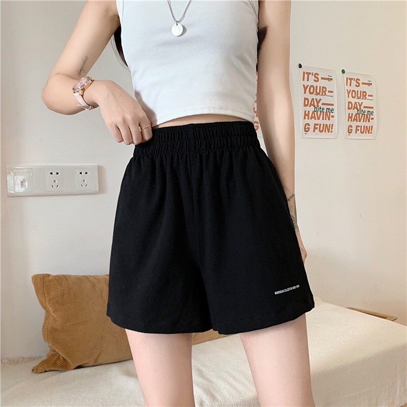 Quần Đùi Nữ Cạp Chun In Chữ - Quần Short Nữ Basic Unisex 2 Màu Đen Trắng