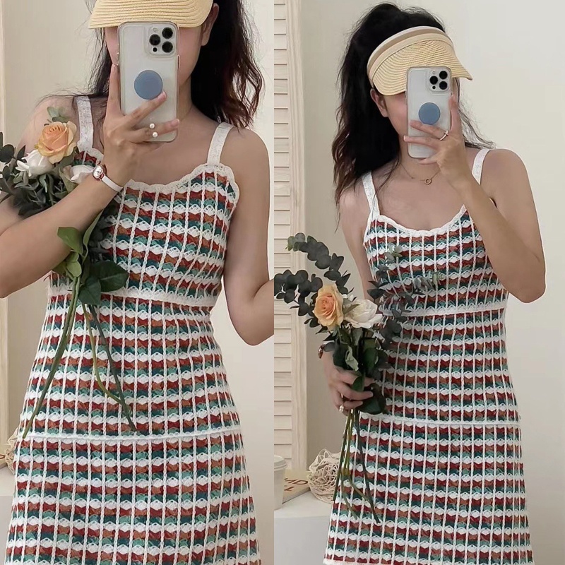 Đầm Chữ A Lưng Cao Không Tay Họa Tiết Kẻ Sọc Nhiều Màu Sắc Dành Cho Nữ