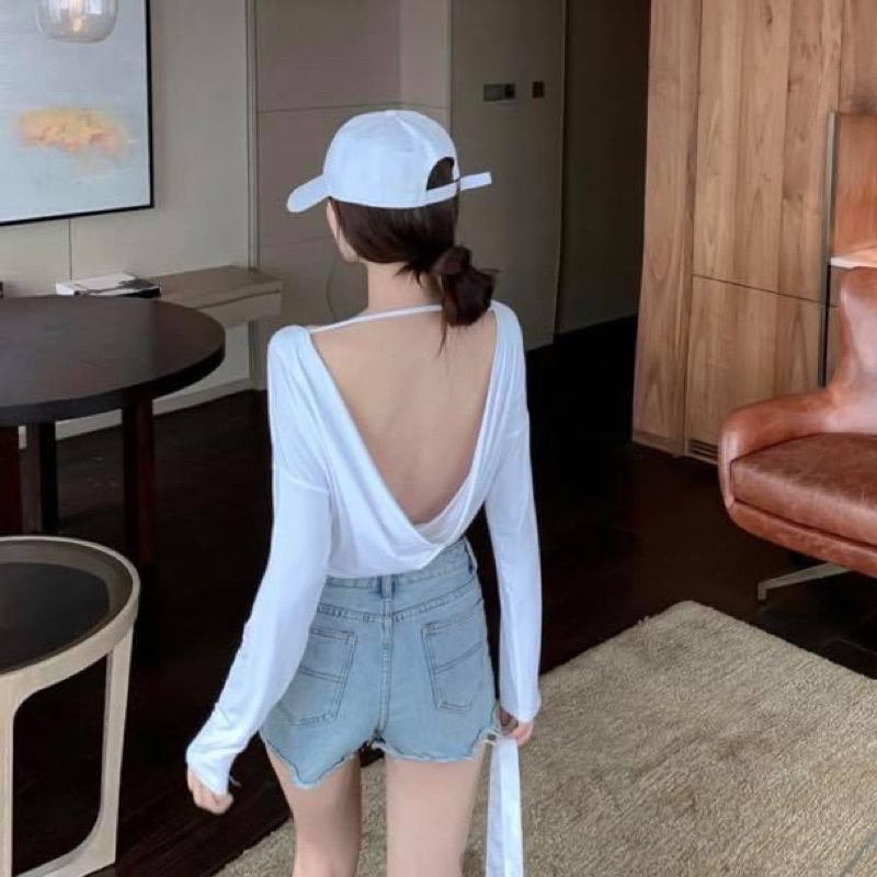 Áo kiểu cánh dơi tay dài trơn hở lưng oversize form rộng thun co dãn - Order taobao quảng châu