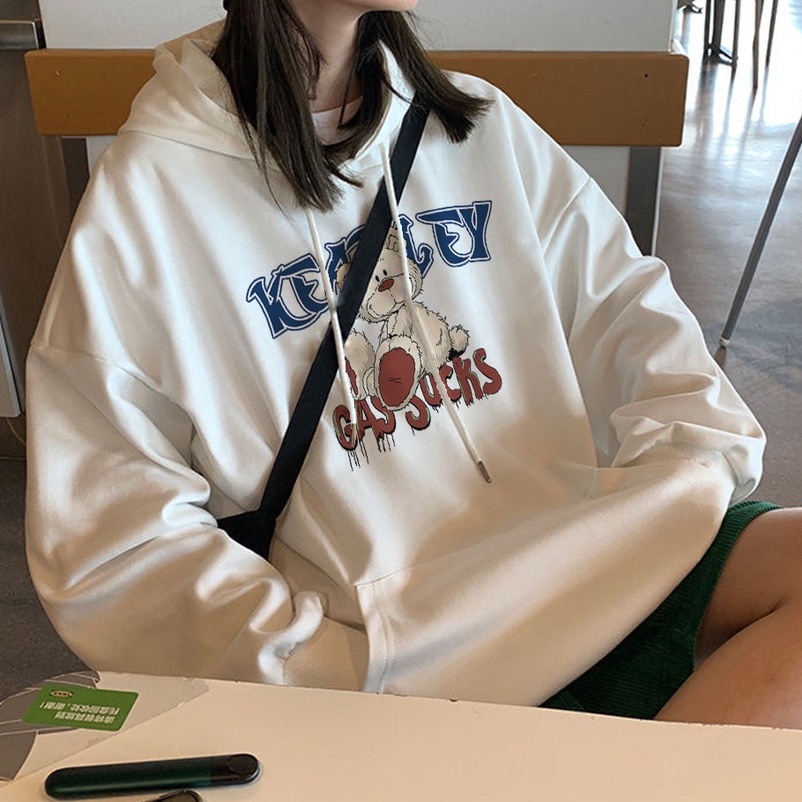 Áo sweater ZHELIHANGFEI tay dài dáng rộng họa tiết gấu in phong cách Preppy