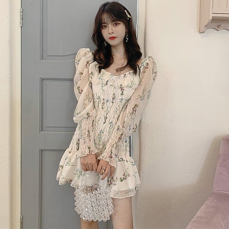 (ORDER) Váy hoa trễ vai thun ngực ôm body đuôi cá Dress tiểu thư Hàn Quốc - Có ảnh thật