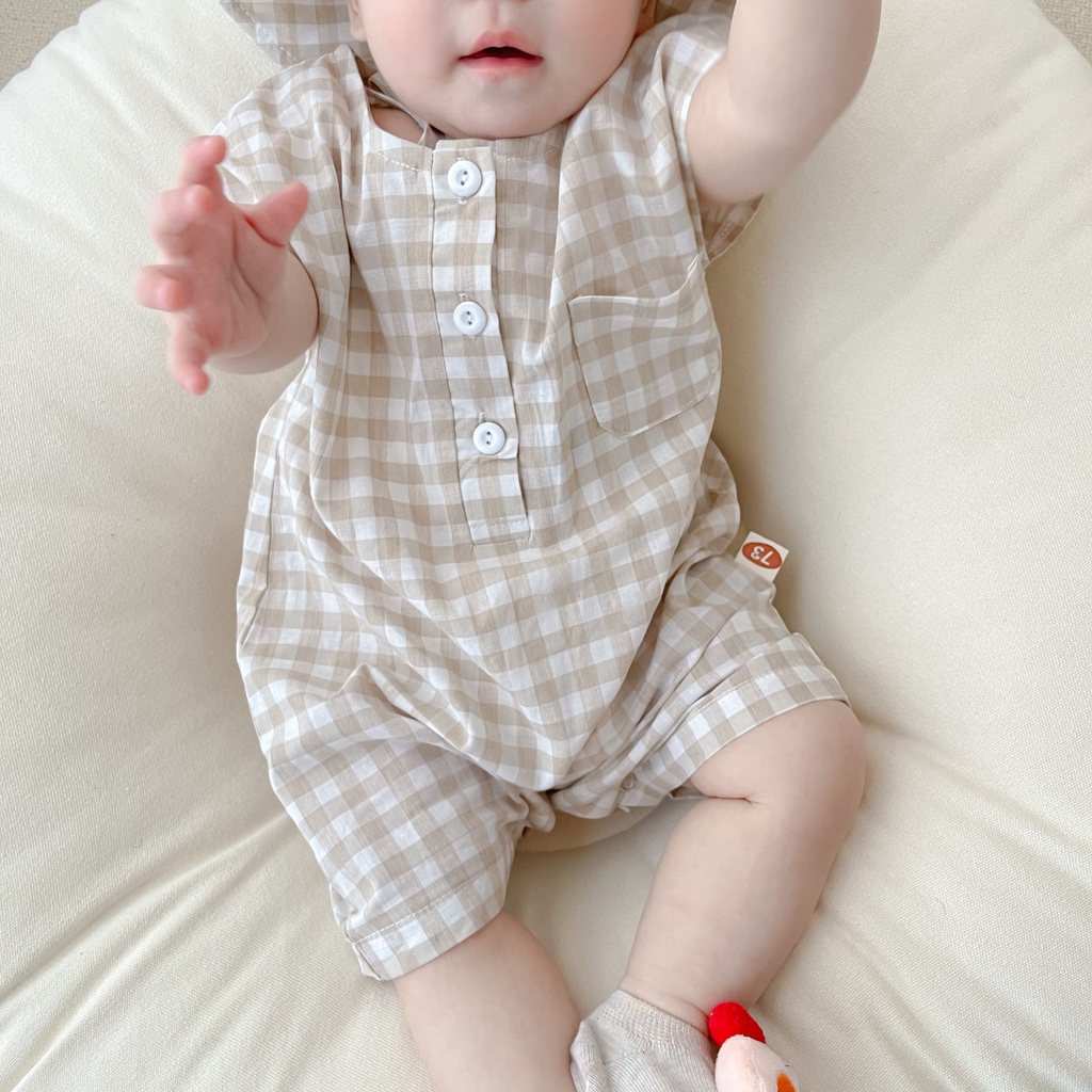 Set Đồ Liền Thân Sát Nách Họa Tiết Ca Rô + Nón Cho Bé