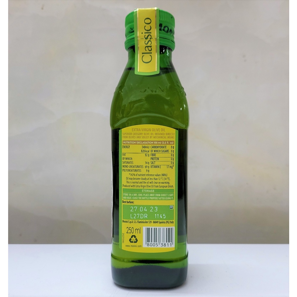 [Chai 250ml – Extra Virgin] DẦU Ô LIU NGUYÊN CHẤT [Italia] MONINI Classico Extra Virgin Olive Oil (pkg)