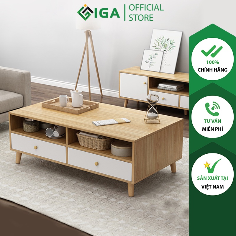 Bàn trà sofa IGA 2 ngăn kéo phong cách Nordic - GP169