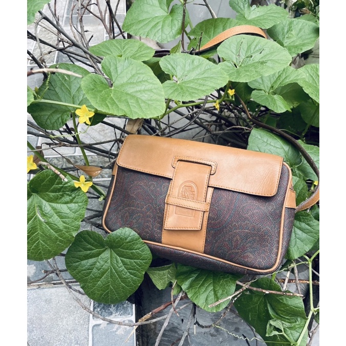 SALE- túi si da thật phối canvas hiệu Ý