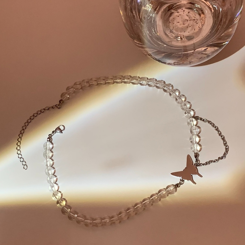 Vòng cổ Chuỗi Hạt Tròn Trong Suốt Mặt Hình Bướm Thời Trang Cho Nữ