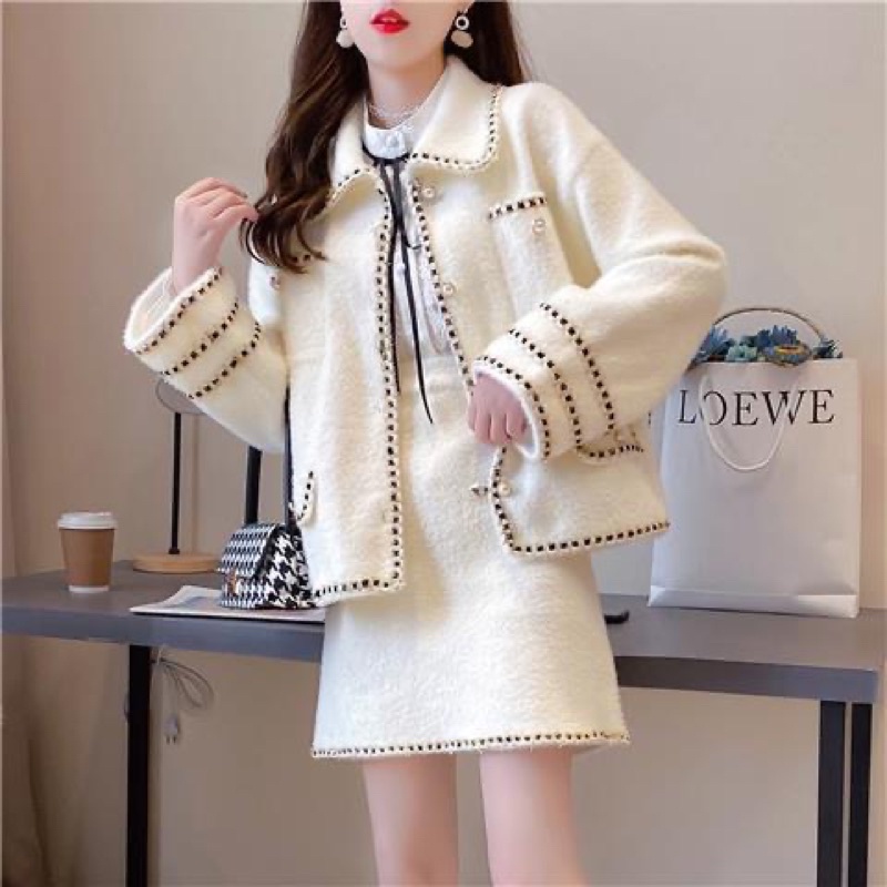 Set áo khoác + chân váy vải dạ bông sang chảnh viền ulzzang