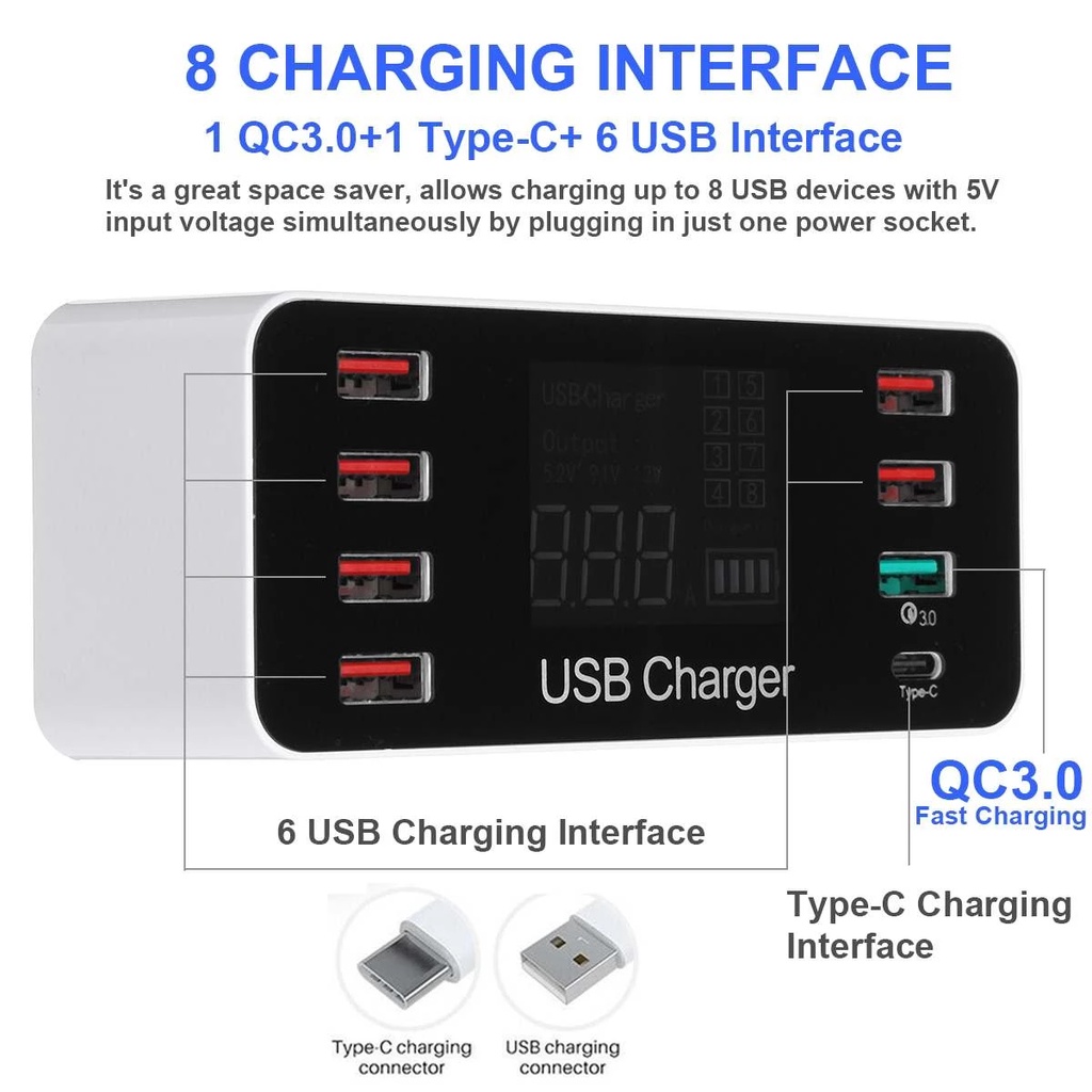 Trạm Sạc Nhanh 3.0 40W USB Type C 8 Cổng Có Đèn LED Kỹ Thuật Số Dành Cho Điện Thoại