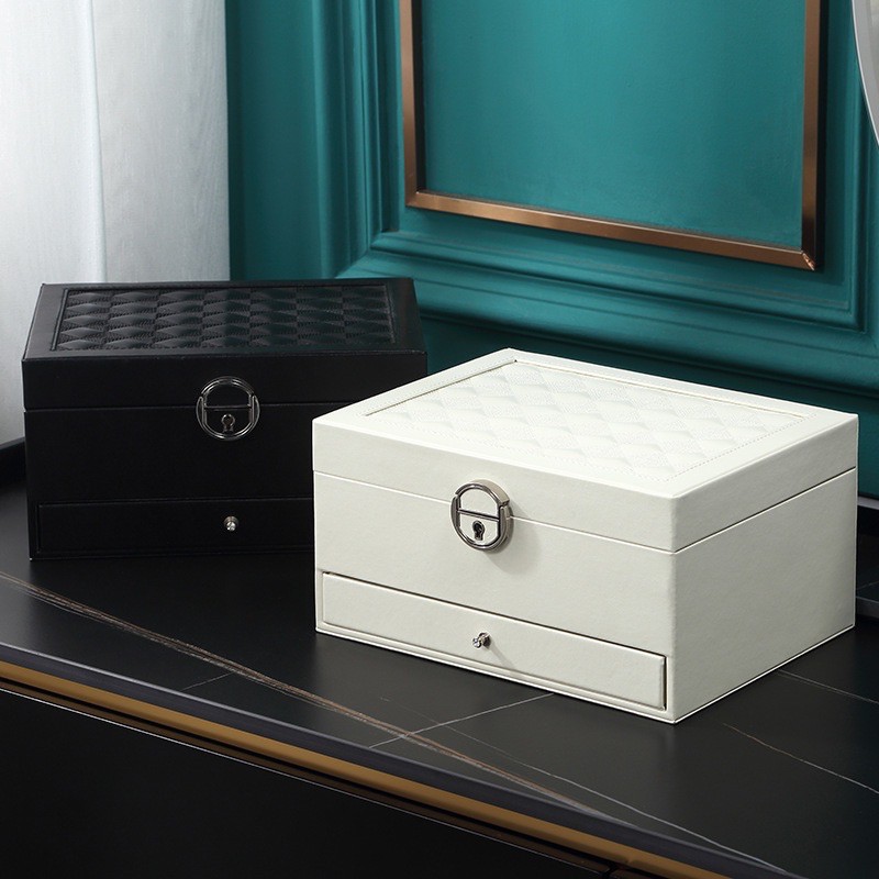 (HÀNG CAO CẤP) Hộp đựng trang sức Bọc Da PU 3 tầng Có Khóa Có Gương (size 22.5 x17x12cm)