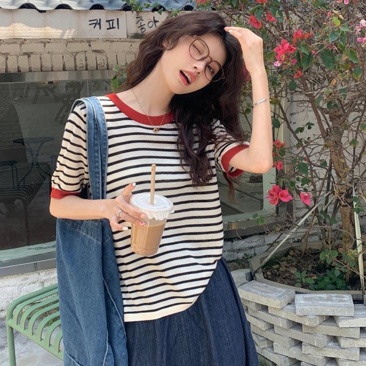 Áo ZHELIHANGFEI vải dệt kim ngắn tay họa tiết kẻ sọc ngọt ngào