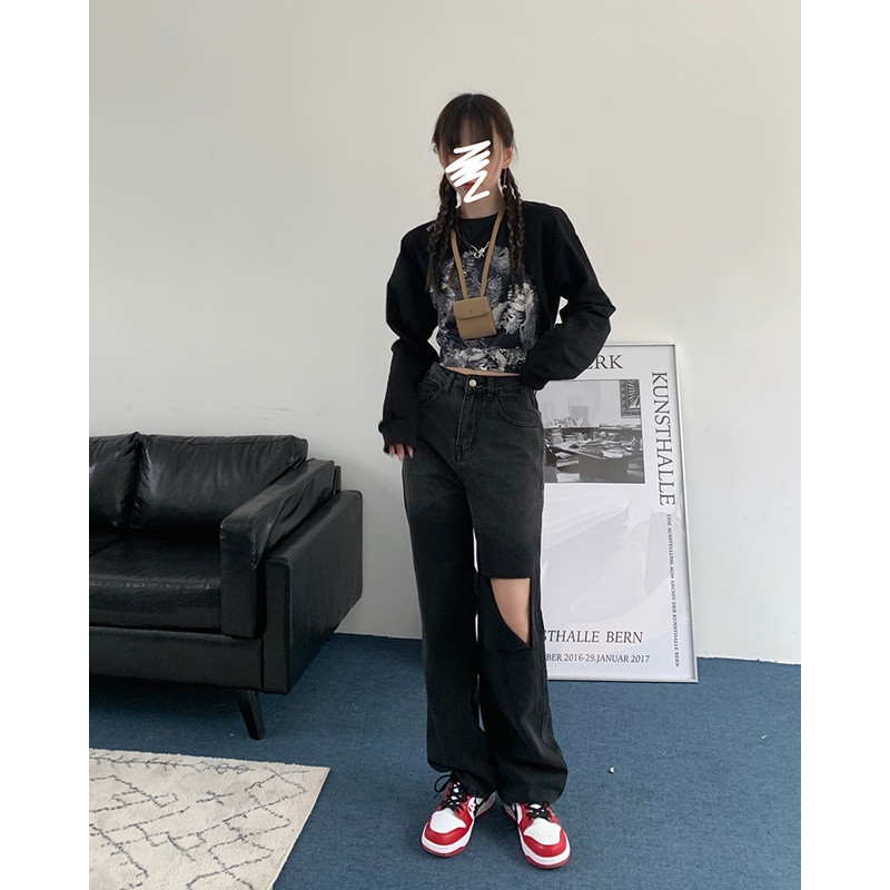 Quần jean dài ống rộng màu gradient phong cách retro Hàn Quốc thời trang cá tính cho nữ