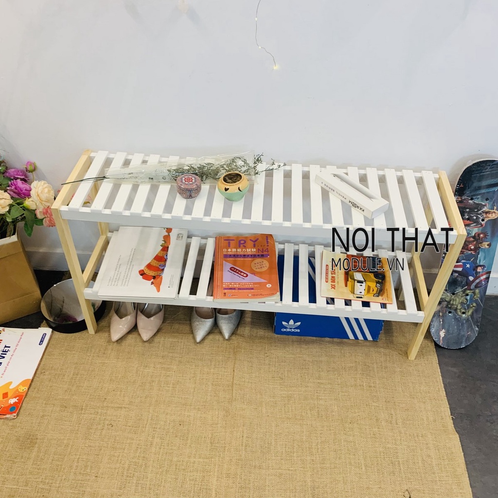 Kệ gỗ 2 tầng trang trí decor phòng, Giá gỗ 2 tầng mầu trắng phong cách hàn quốc