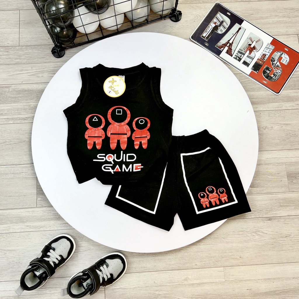 Sét áo ba lỗ bé trai, bộ quần áo sát nách họa tiết trò chơi con mực cho bé