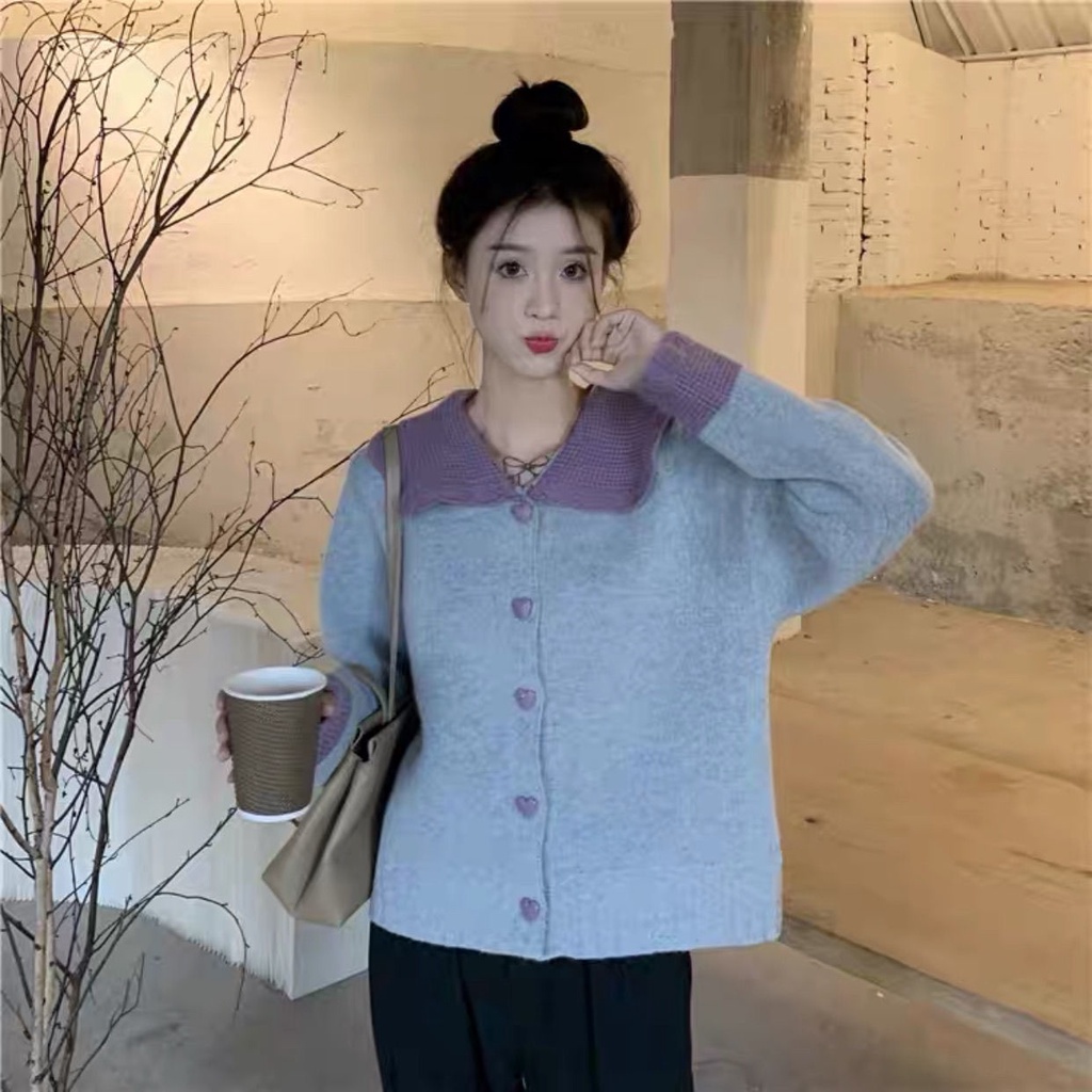 Áo Khoác Cardigan Dệt Kim Tay Dài Cổ Búp Bê Màu Sắc Tương Phản Thời Trang Thu Đông Cho Nữ