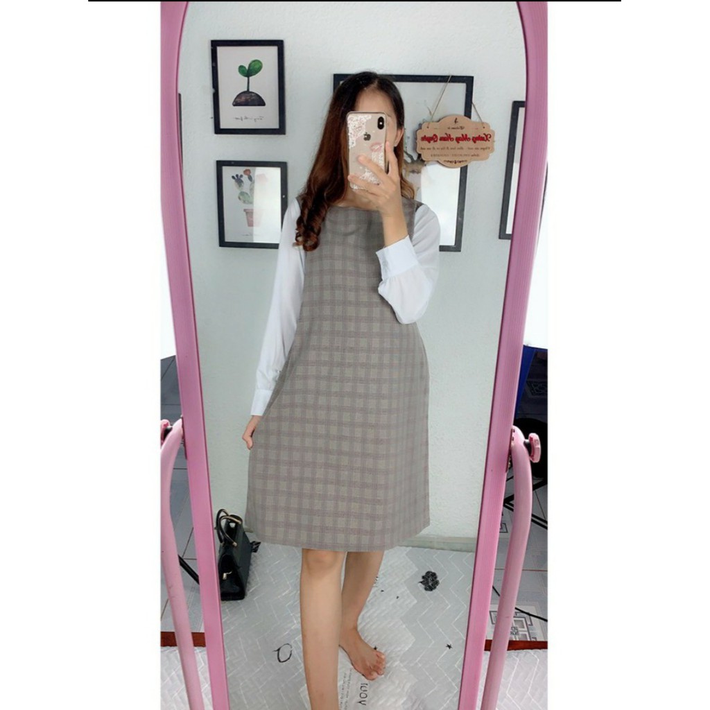 Váy bầu thu đông phối tay sơ mi trắng mặc đi làm đi chơi siêu xinh VTK04
