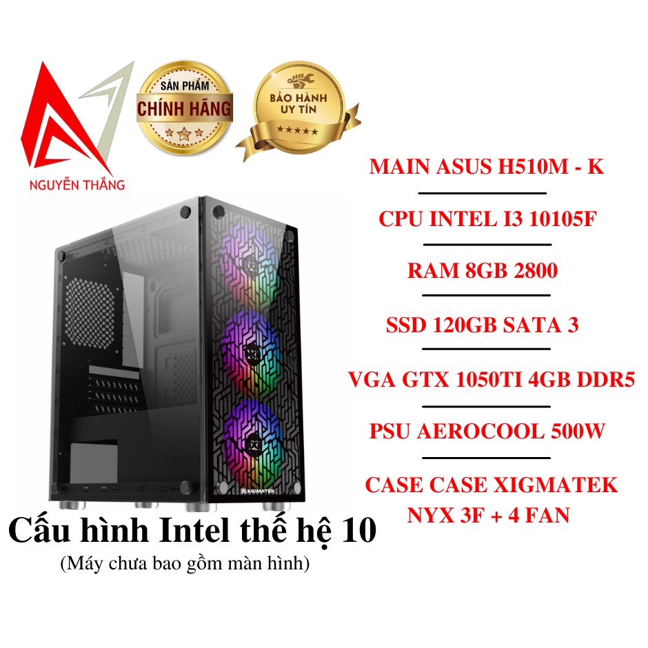 Thùng PC GAMING I3 THẾ HỆ 10 COMET LAKE ( H510 - I3 10105F - RAM 8G - SSD 120G - GTX1050TI 4GB - PSU 500W)