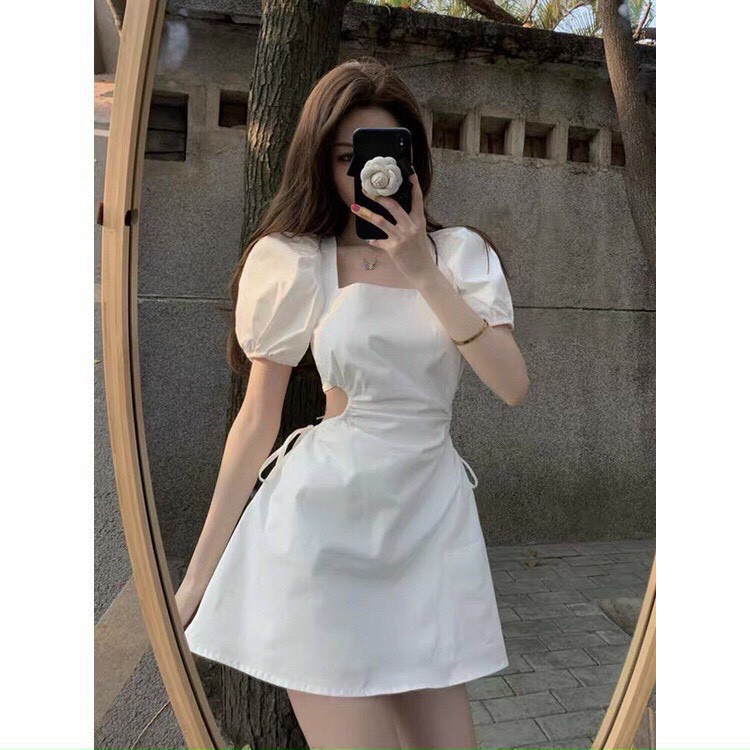 Đầm nữ cột dây lưng khoét eo tay phồng, váy cổ vuông mặc đi chơi, đi biển sexy, bánh bèo xinh xắn