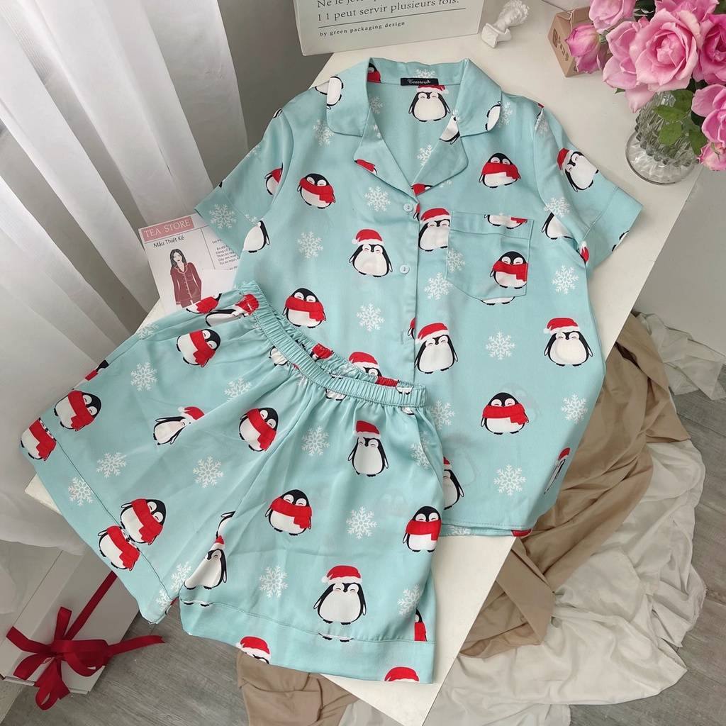 Bộ Mặc Nhà Pyjama Lụa Cộc Tea Store Họa Tiết Thỏ Đáng Yêu