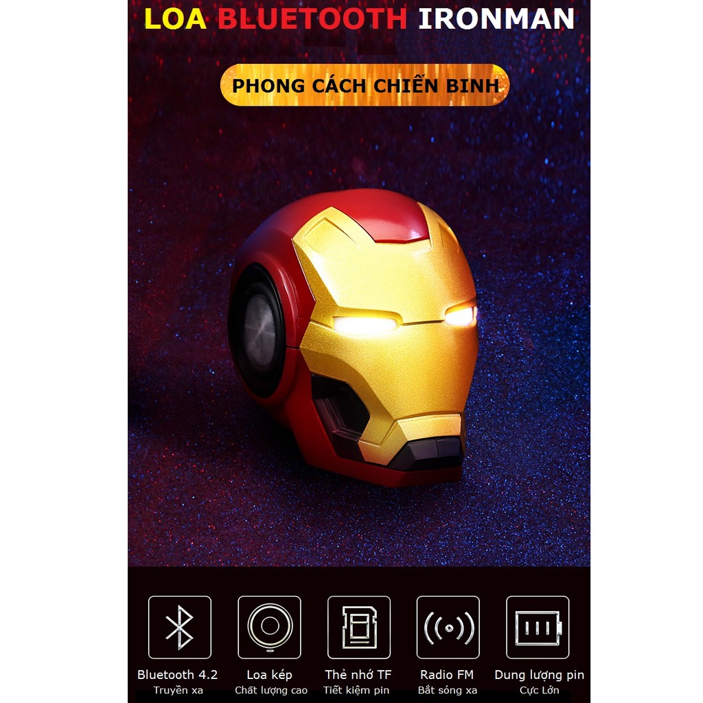 Loa bluetooth cầm tay Ironman nghe nhạc siêu bass , đôi mắt có đèn led hỗ trợ thẻ nhớ và usb