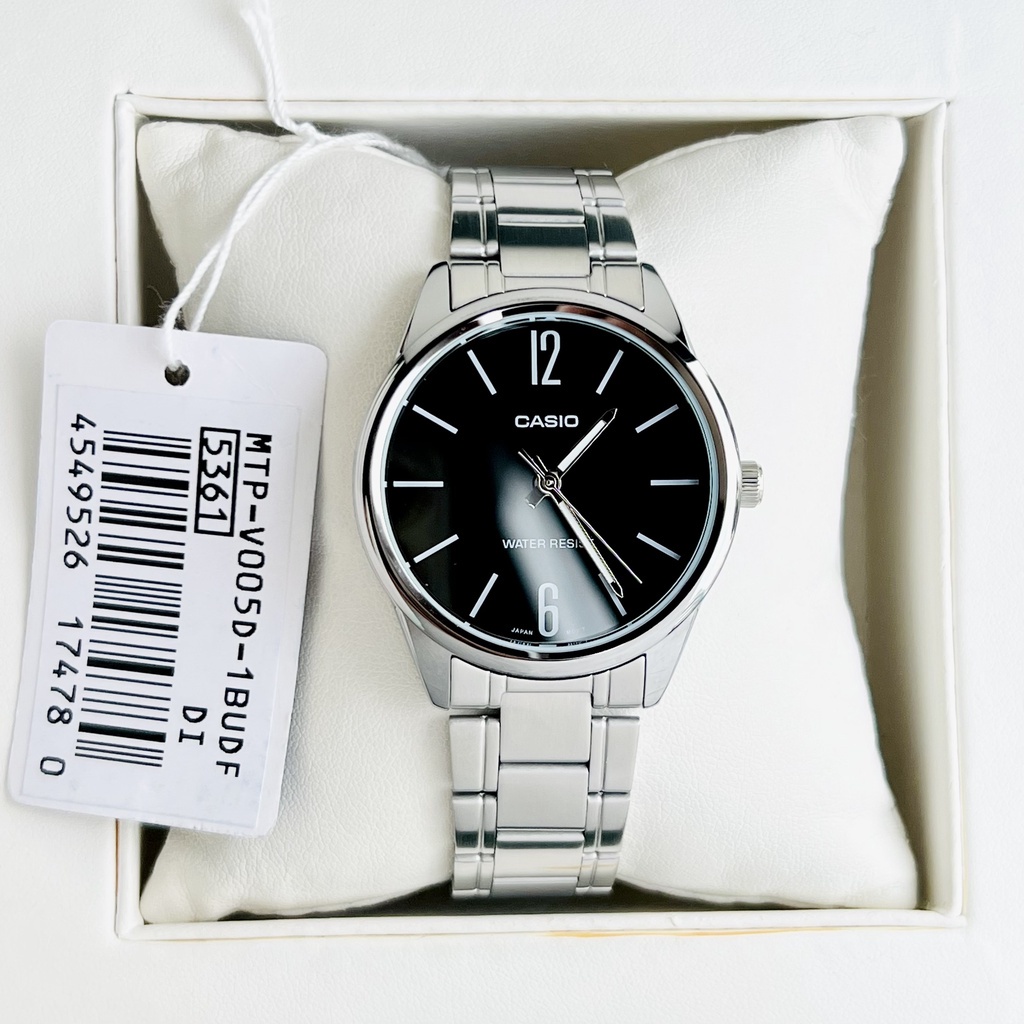 Đồng hồ Nam Casio MTP-V005D-1B, đồng hồ chính hãng, dây thép bạc mặt đen
