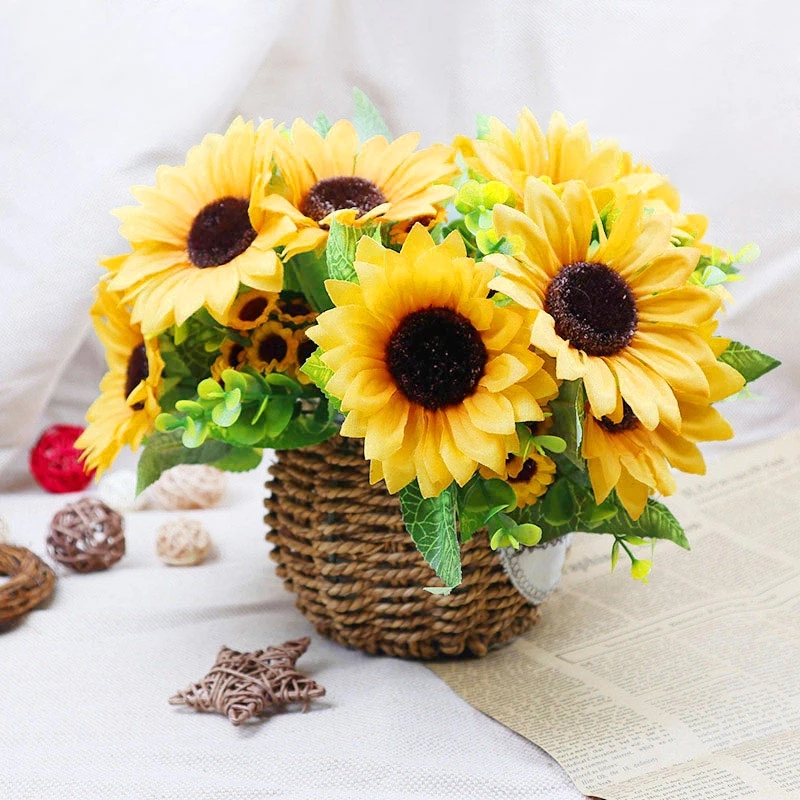 Bó hoa hướng dương giả 7 bông dùng trang trí sân vườn / nhà cửa