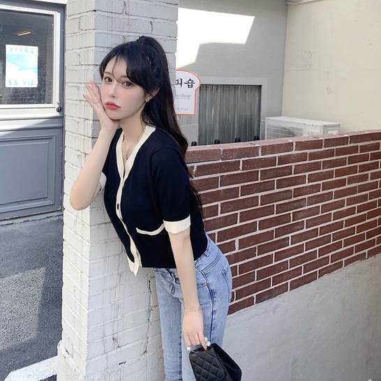 Áo Cardigan Dệt Kim Tay Ngắn Dáng Ôm Phong Cách Hàn Quốc Thời Trang Cho Nữ
