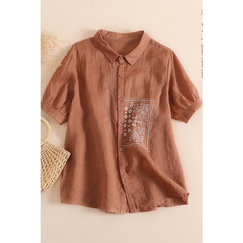 Áo cotton lanh tay ngắn thêu họa tiết phong cách retro